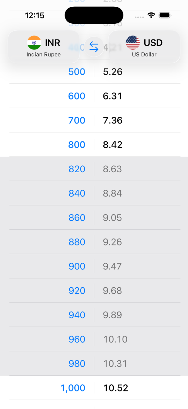Tapping a row reveals the in-between amounts, highlighted between the round numbers