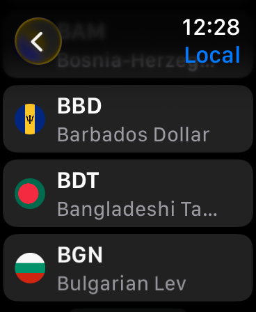 The currency picker on Apple Watch